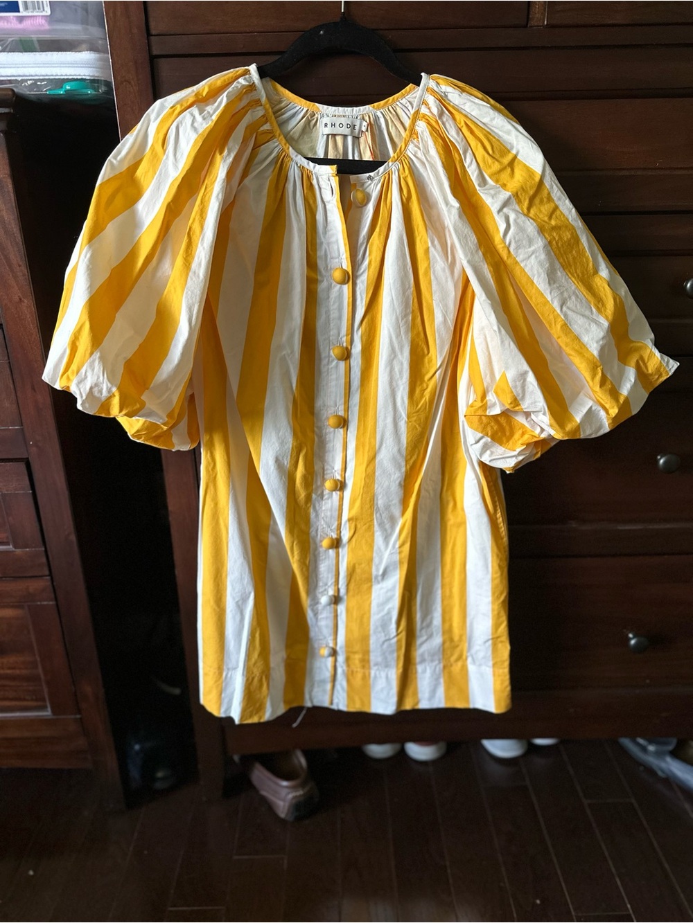RHODE Yellow and White Striped Puff-Sleeve Button Dress